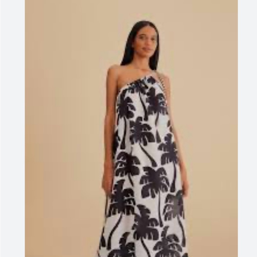 NWT FARM RIO COCONUT TREE COVER UP COTTON BLACK/WHITE ONE SHOULDER MAXI LARGE
